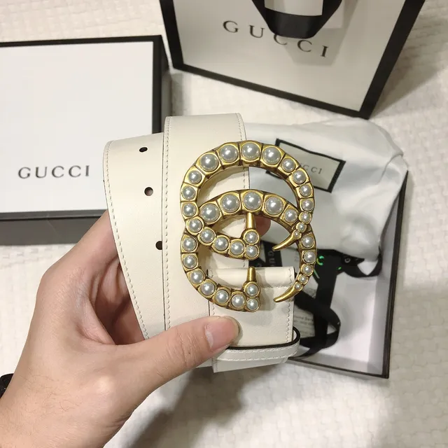 Gucci GG Marmont Cinto de couro off-white com pérolas 4