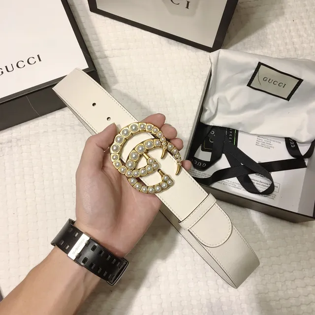 Gucci GG Marmont Cinto de couro off-white com pérolas 5