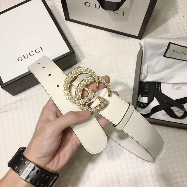 Gucci GG Marmont Cinto de couro off-white com pérolas 6