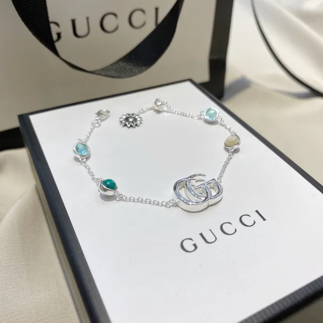 Gucci GG Marmont Silver Blue Chain Interlocking G Logo Bracelet 4
