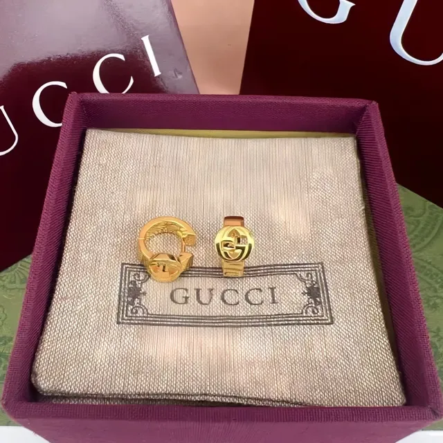 Gucci GG Marmont Silver Gold Hinged Hoop Interlocking G Logo Earrings 5