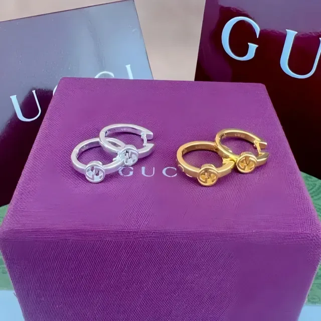 Gucci GG Marmont Silver Gold Hinged Hoop Interlocking G Logo Earrings 6