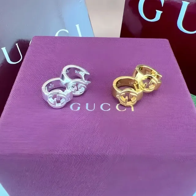 Gucci GG Marmont Silver Gold Hinged Hoop Interlocking G Logo Earrings 7