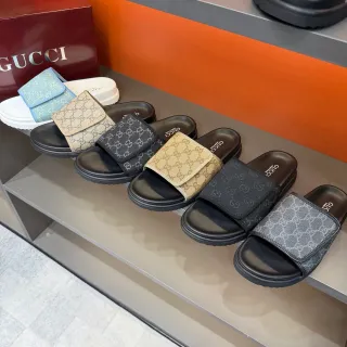 Gucci GG Marmont Slide أسود بيج Monogram Webbing Strap Molded Rubber Sole Slippers