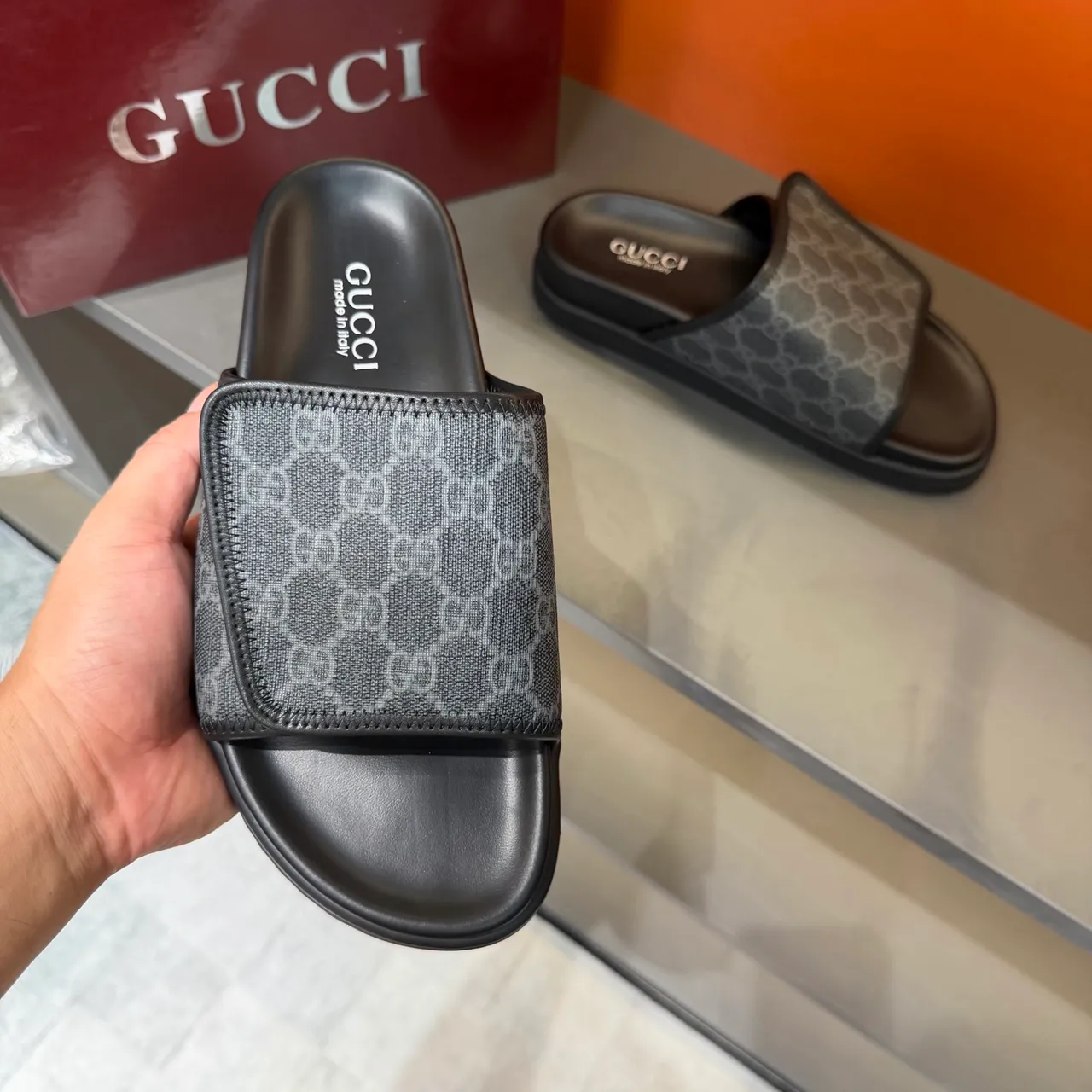 Gucci GG Marmont Slide Noir Beige Monogram Webbing Strap Molded Rubber Sole Slippers 2