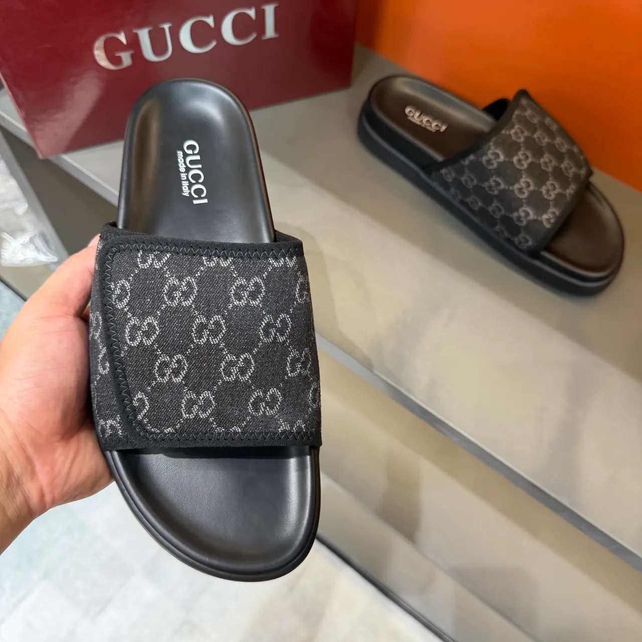 Gucci GG Marmont Slide Noir Beige Monogram Webbing Strap Molded Rubber Sole Slippers 3