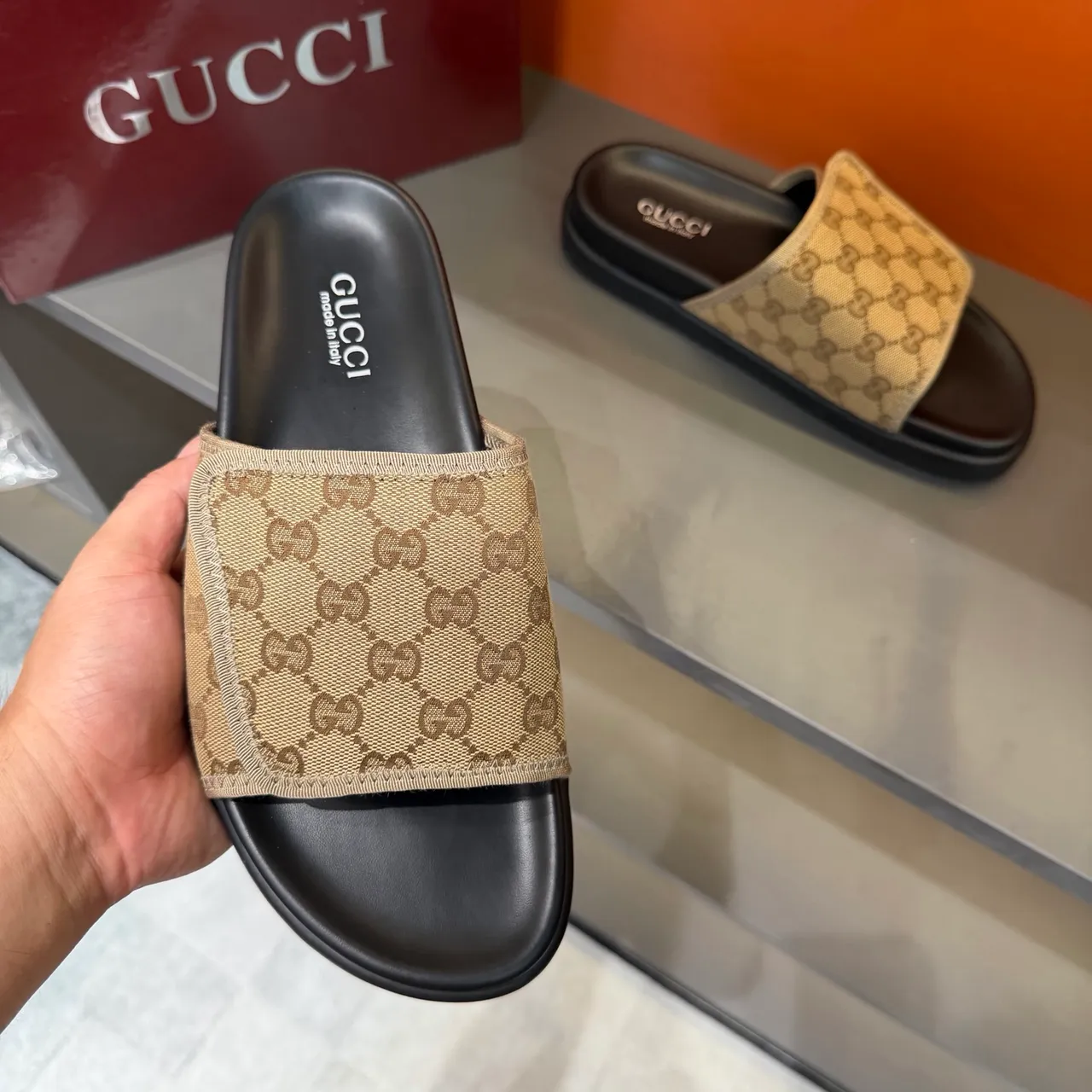 Gucci GG Marmont Slide Noir Beige Monogram Webbing Strap Molded Rubber Sole Slippers 4