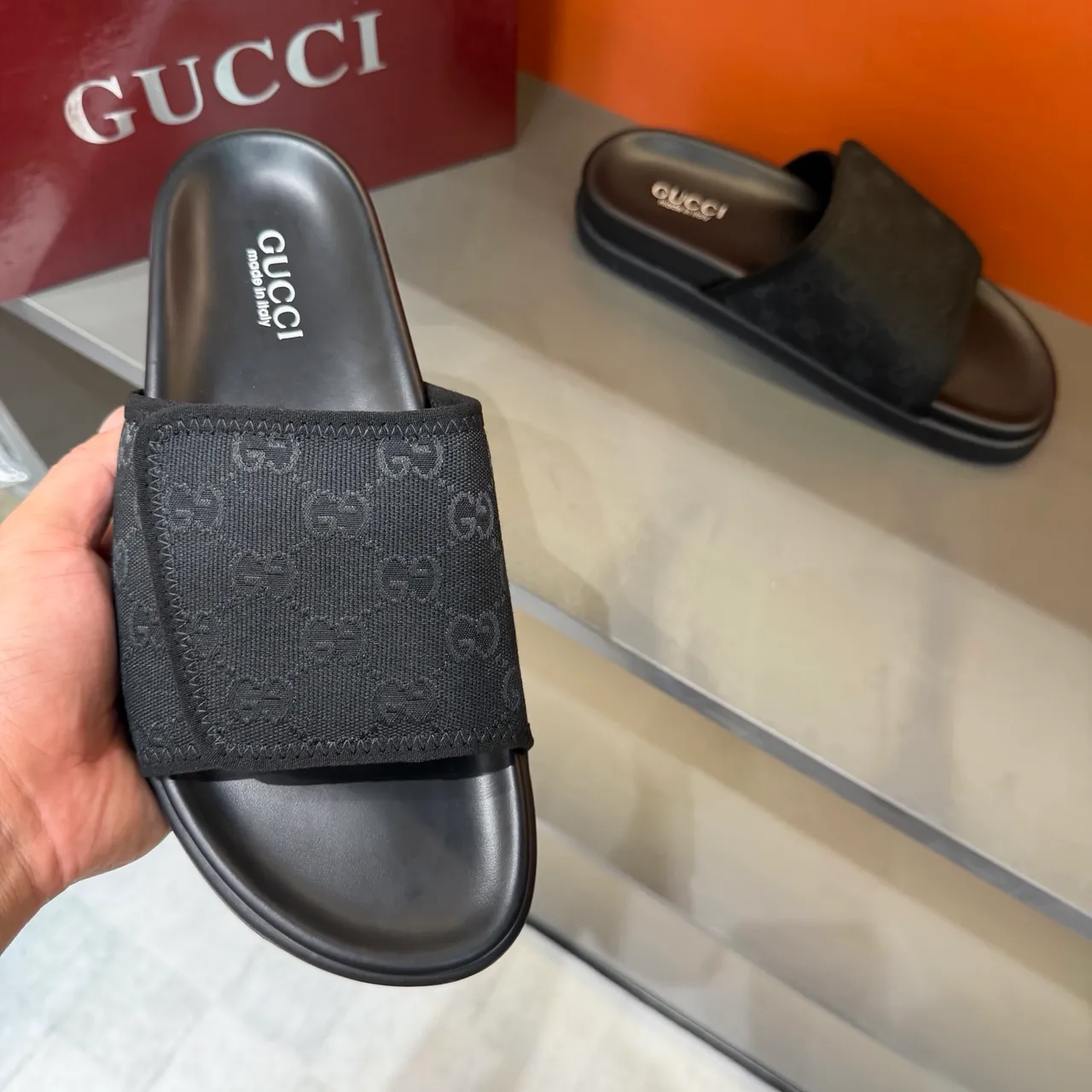 Gucci GG Marmont Slide Noir Beige Monogram Webbing Strap Molded Rubber Sole Slippers 5