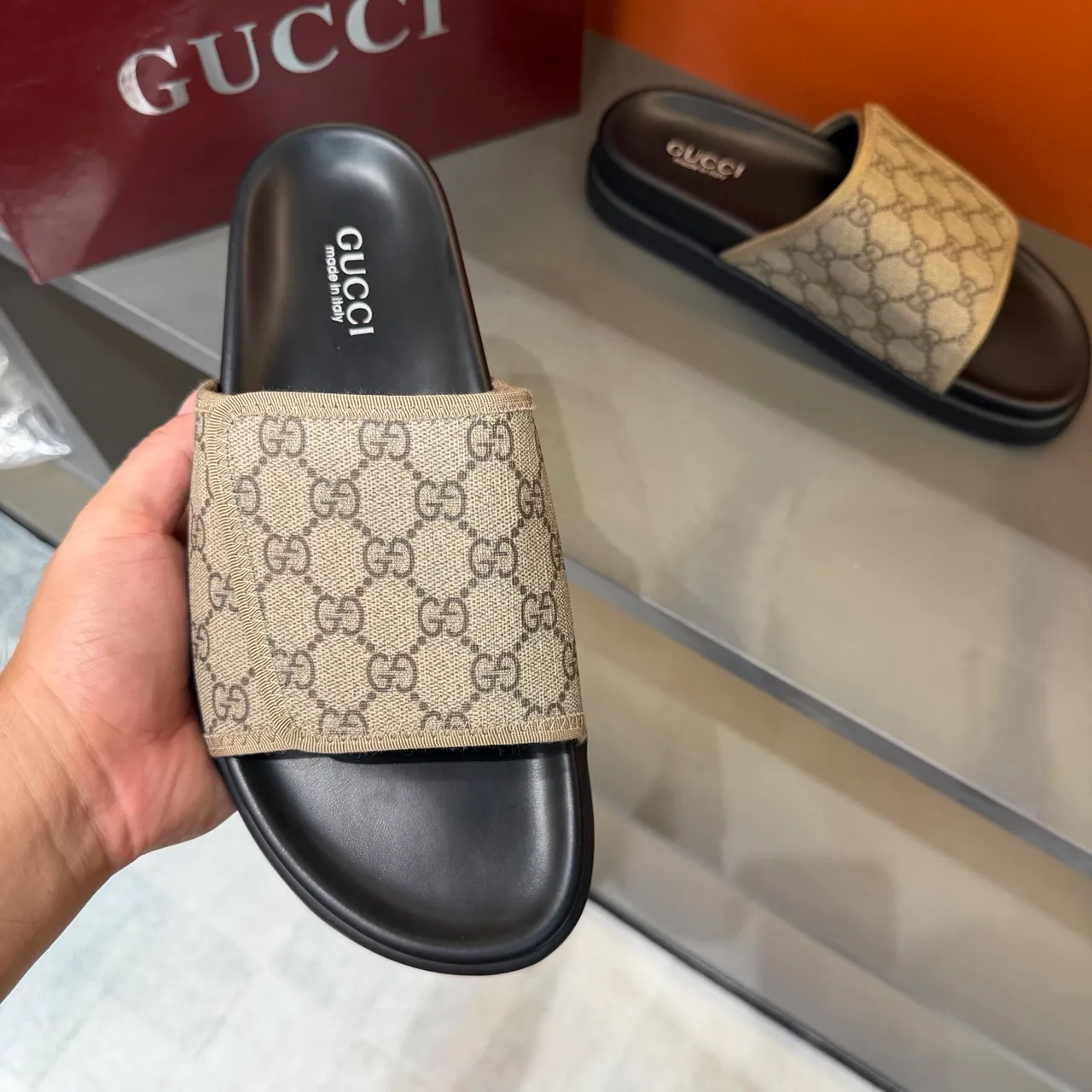 Gucci GG Marmont Slide Noir Beige Monogram Webbing Strap Molded Rubber Sole Slippers 6