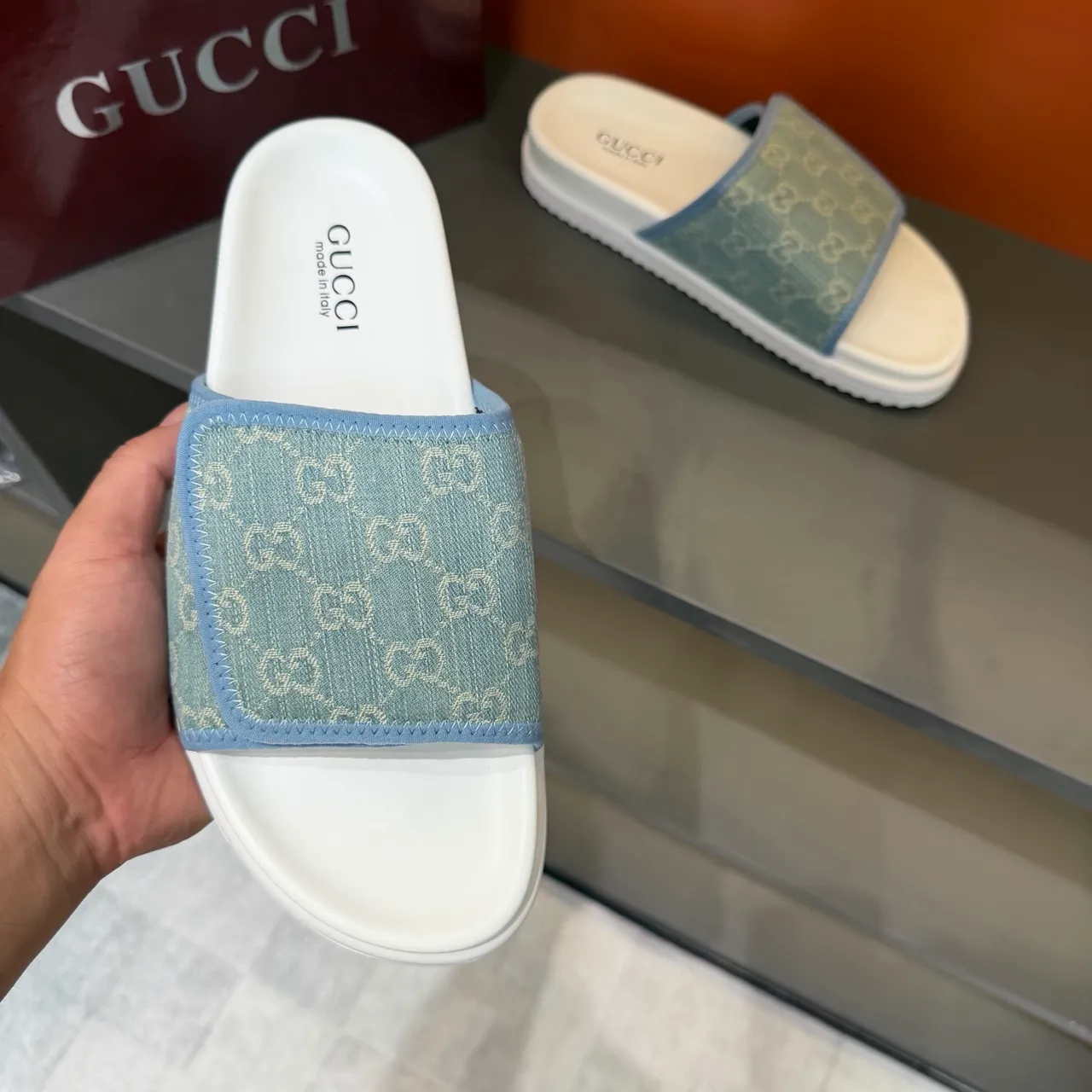 Gucci GG Marmont Slide Noir Beige Monogram Webbing Strap Molded Rubber Sole Slippers 7