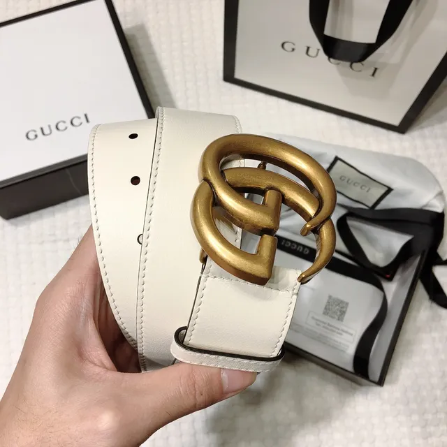 Gucci GG Marmont White Gold Interlocking Double-G Buckle Smooth Leather Belt 2