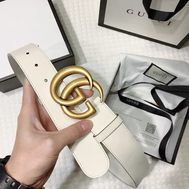 Gucci GG Marmont White Gold Interlocking Double-G Buckle Smooth Leather Belt 3