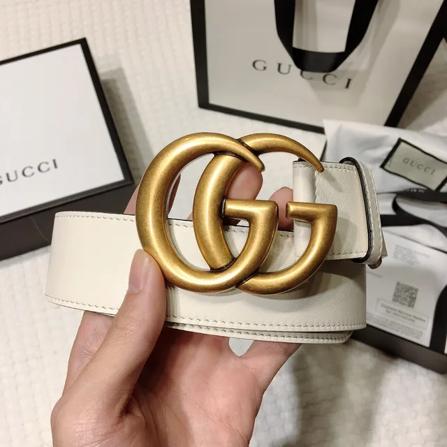 Gucci GG Marmont White Gold Interlocking Double-G Buckle Smooth Leather Belt 5