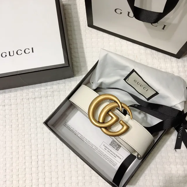 Gucci GG Marmont White Gold Interlocking Double-G Buckle Smooth Leather Belt 6