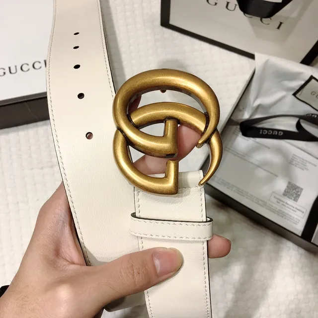 Gucci GG Marmont White Gold Interlocking Double-G Buckle Smooth Leather Belt 8