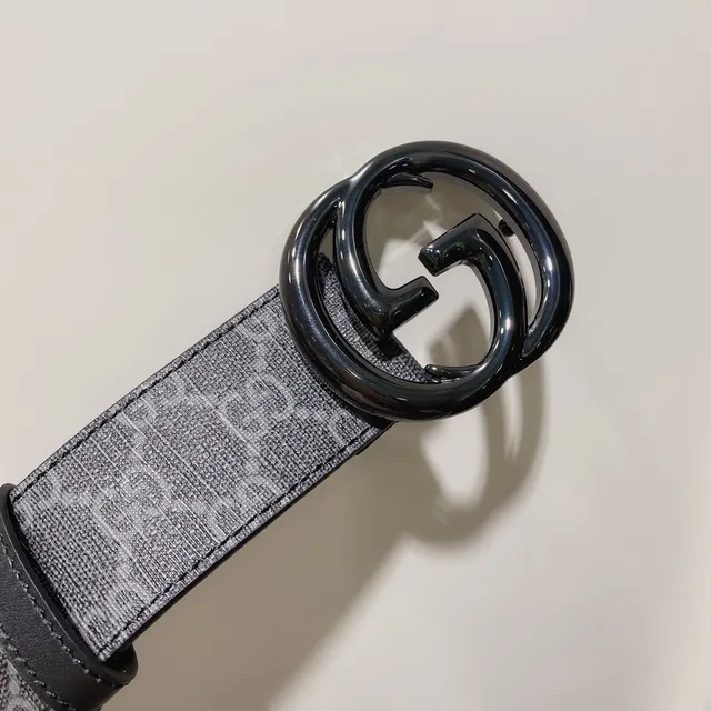 Gucci Gris Noir Monogram Canvas Interlocking Double G Boucle Ceinture Cuir 6