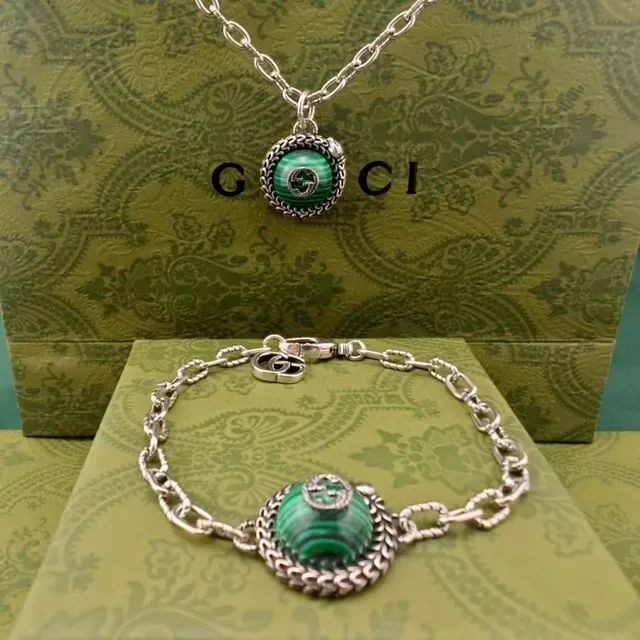 Gucci हरे चांदी का गोलाकार मलाकाइट पेंडेंट बुना धातु बेजल हार 3