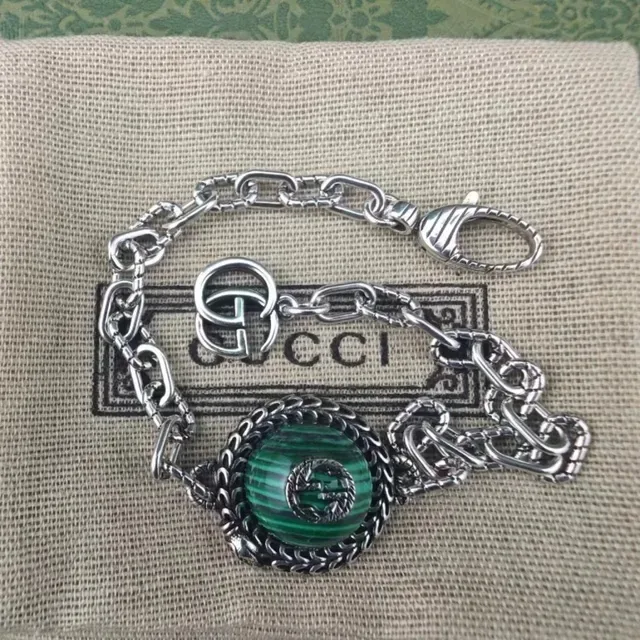 Gucci हरे चांदी का गोलाकार मलाकाइट पेंडेंट बुना धातु बेजल हार 4