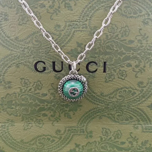 Gucci हरे चांदी का गोलाकार मलाकाइट पेंडेंट बुना धातु बेजल हार 6