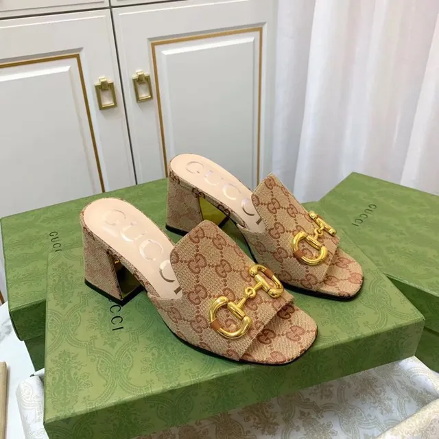 Gucci Horsebit 1955 Beige GG Monogram Canvas Gold Horsebit Block Heel Slippers 3