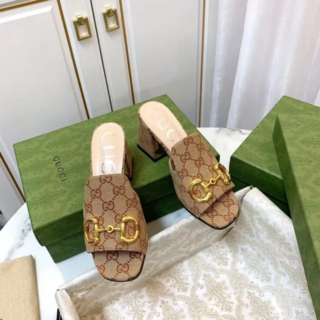 Gucci Horsebit 1955 Beige GG Monogram Canvas Gold Horsebit Block Heel Slippers 4