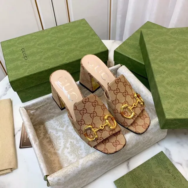 Gucci Horsebit 1955 Beige GG Monogram Canvas Gold Horsebit Block Heel Slippers 5