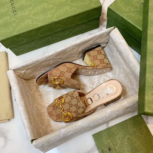 Gucci Horsebit 1955 Beige GG Monogram Canvas Gold Horsebit Block Heel Slippers 7