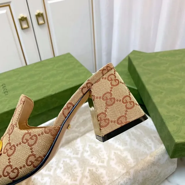 Gucci Horsebit 1955 Beige GG Monogram Canvas Gold Horsebit Block Heel Slippers 8