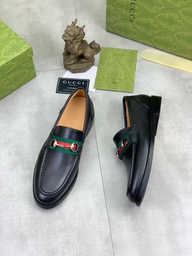 Gucci Horsebit 1955 Black Leather Web Strap Loafers 5