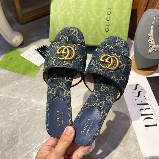 Gucci Horsebit 1955 azul dorado GG Monogram vaquero hebilla casual sandalias 3
