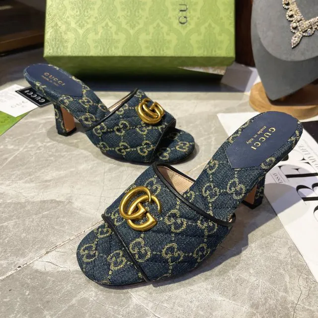 Gucci Horsebit 1955 azul dorado GG Monogram vaquero hebilla casual sandalias 6
