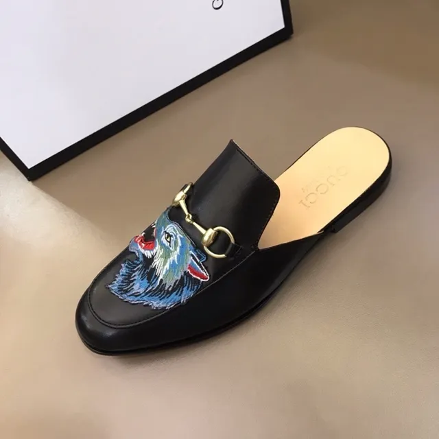 Gucci Horsebit 1955 Embroidered Wolf Black Leather Loafer 6