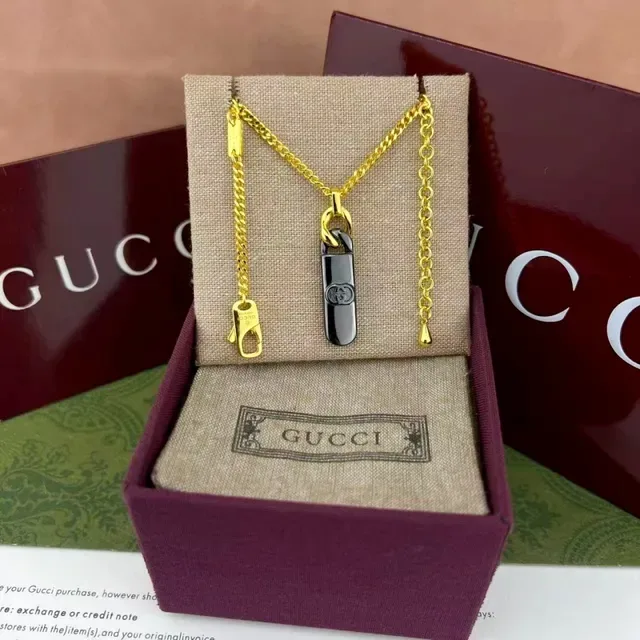Gucci Interlocking G Pendant Silver Black Chain Rectangular Necklace 3