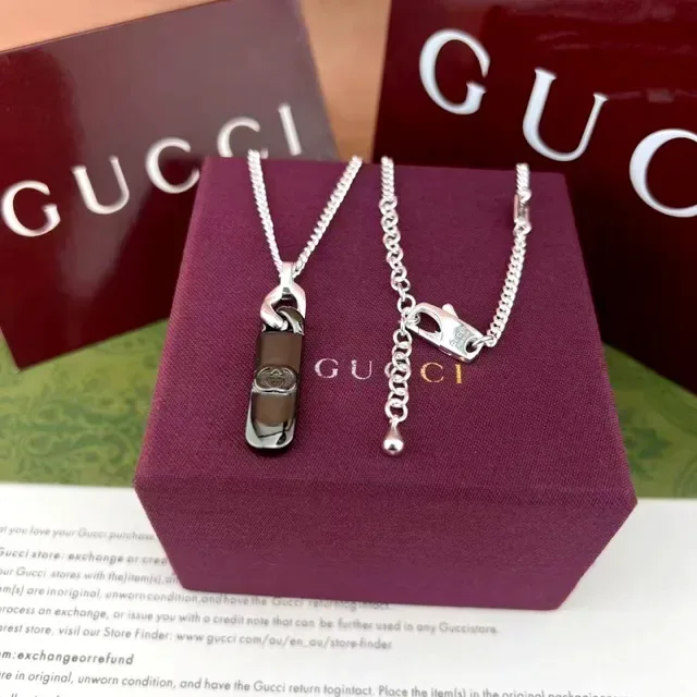 Gucci Interlocking G Pendant Silver Black Chain Rectangular Necklace 7