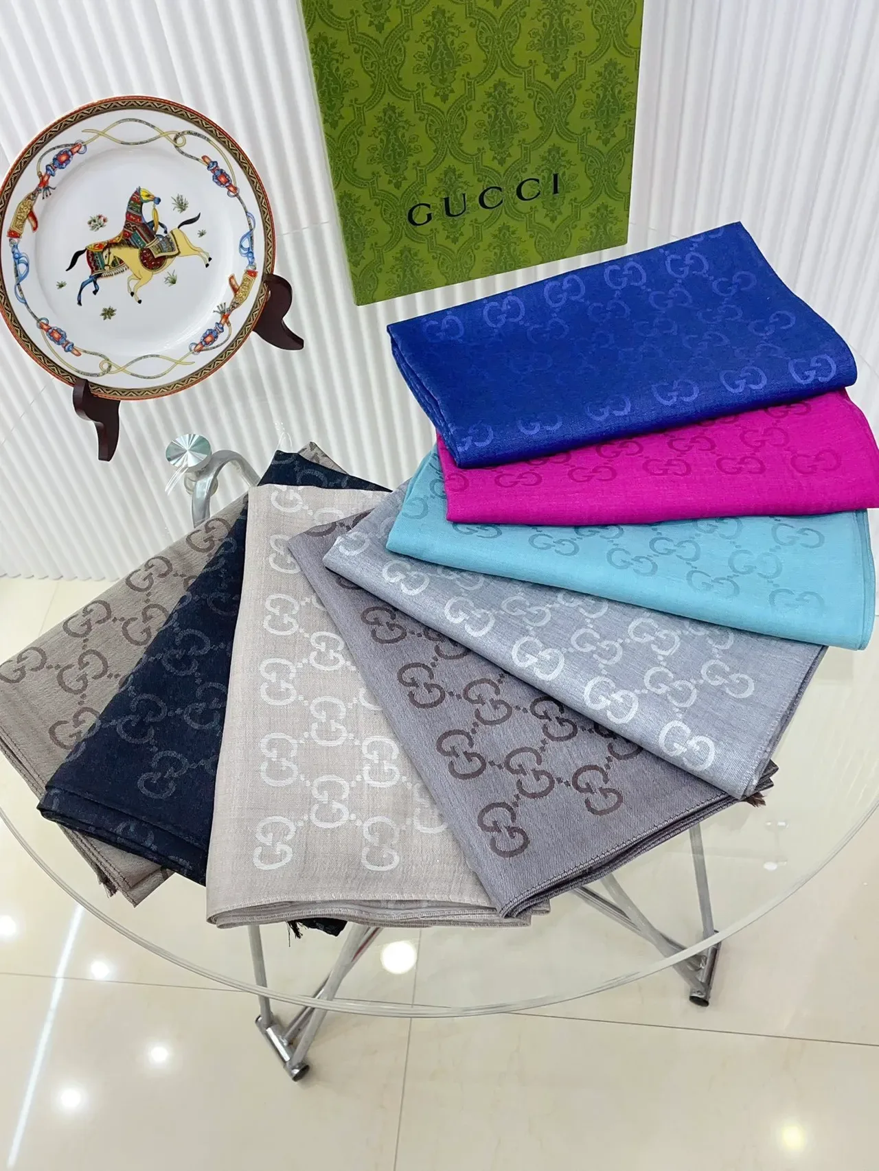 Gucci Monogram-Printed Gray Silk Scarf 3