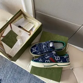 Gucci Zapatillas Lifestyle Navy Green GG Monograma Canvas Rayas Web Acento
