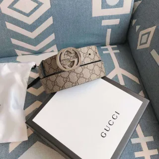 गुच्ची ओफिडिया बेज ब्राउन GG Monogram कैनवास इंटरलॉकिंग G बकल चमड़ी की बेल्ट