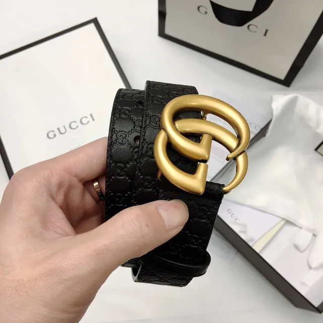 Gucci Ophidia أसود ذهبي GG Monogram Embossed متشابك Double G Buckle Leather Belt 3