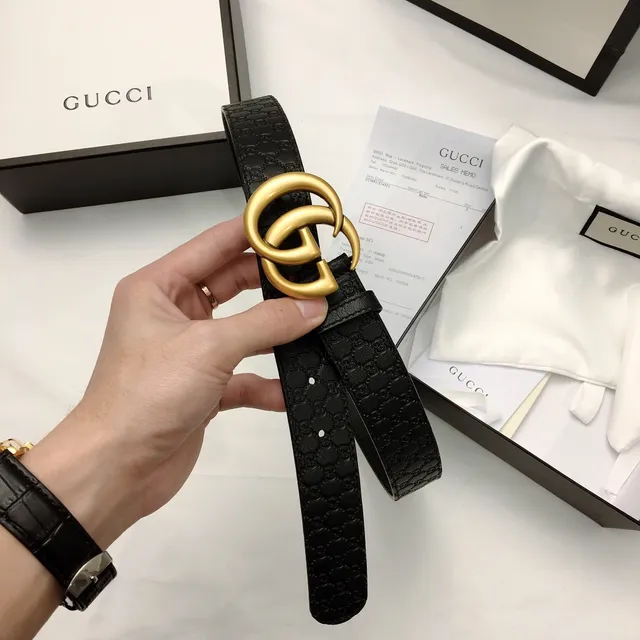 Gucci Ophidia أसود ذهبي GG Monogram Embossed متشابك Double G Buckle Leather Belt 6