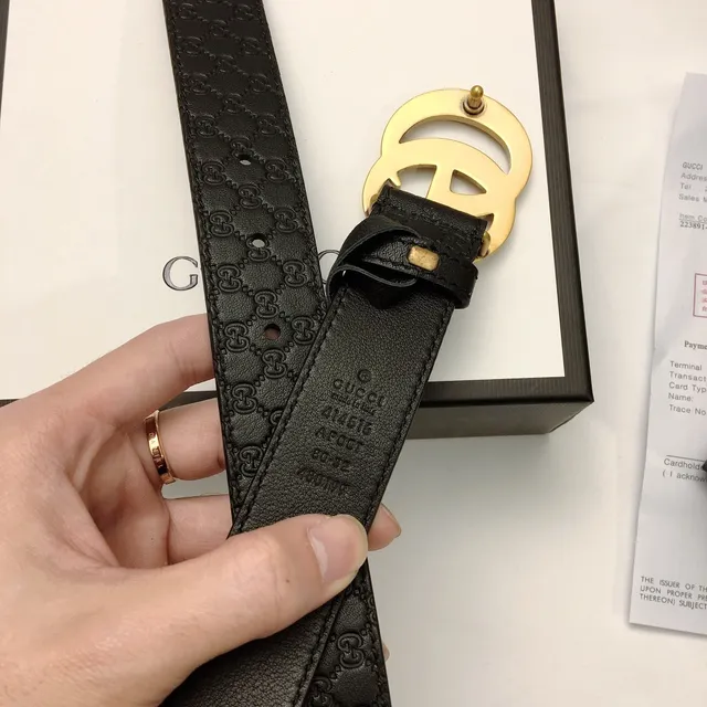 Gucci Ophidia أसود ذهبي GG Monogram Embossed متشابك Double G Buckle Leather Belt 7