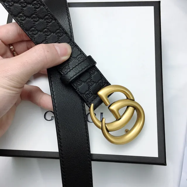 Gucci Ophidia أसود ذهبي GG Monogram Embossed متشابك Double G Buckle Leather Belt 8