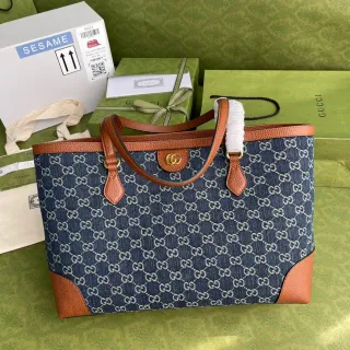 Gucci Ophidia GG Monogram डेनिम नीला और टैन चमड़ा टोट बैग