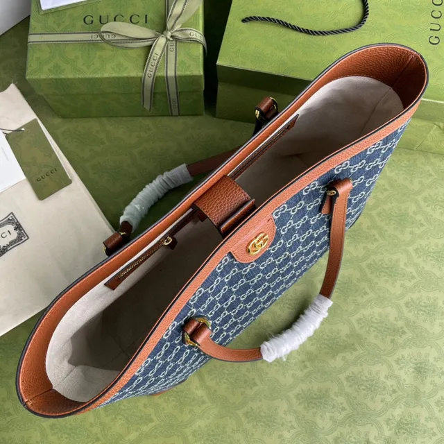 Gucci Ophidia GG Monogram حقيبة يد من جينز أزرق وجلد بني 3