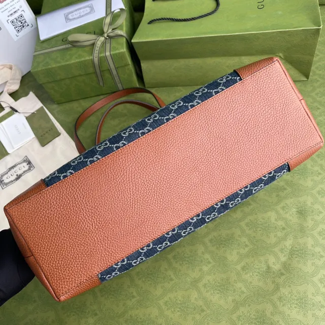 Gucci Ophidia GG Monogram حقيبة يد من جينز أزرق وجلد بني 7