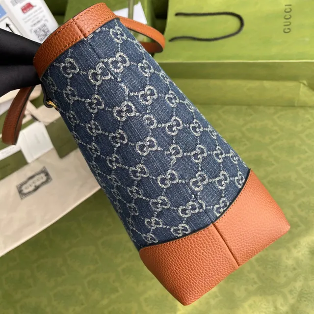 Gucci Ophidia GG Monogram حقيبة يد من جينز أزرق وجلد بني 8
