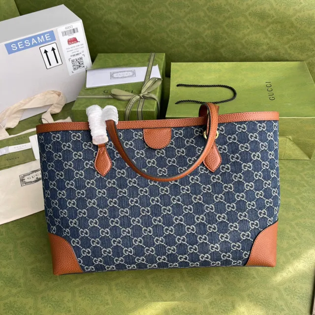 Gucci Ophidia GG Monogram حقيبة يد من جينز أزرق وجلد بني 9