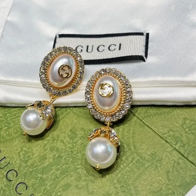 Gucci Pearl and Crystal Interlocking G Dangling Earrings 3