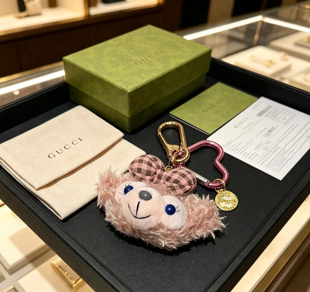 Gucci Pink Brown Plush Animal Head Gingham Bow Handbag 5