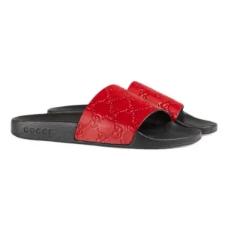 Gucci 红黑印花皮革鞋带模制橡胶鞋底拖鞋