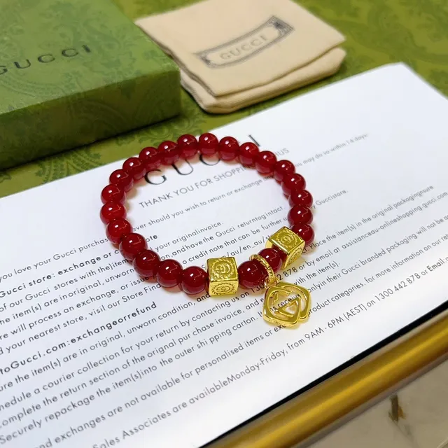 Gucci Red Gold Beaded Square Charms Bracelet 6
